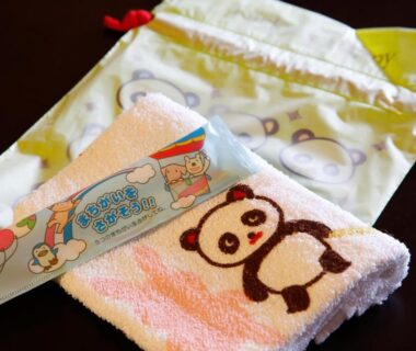 Panda motif towel and drawstring pouch at Yamanaka Onsen Hanatsubaki, Chūbu, Ishikawa, Japan
