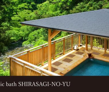 Covered wooden onsen bath overlooking forested hillside at Yamanaka Onsen Kissho Yamanaka, Ishikawa