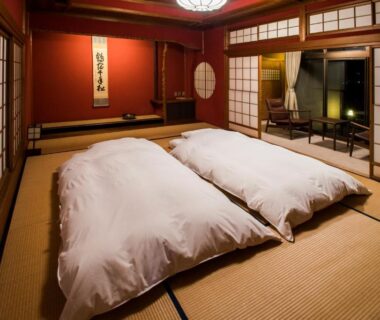Tatami room with two futons, shoji screens, tokonoma alcove and low table at Yamanoo in Chūbu, Ishikawa