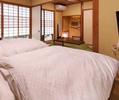 Tatami room with twin beds at Yamashinobu in Kumamoto, Kyūshū, Japan