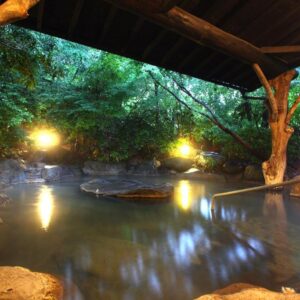 Covered rock onsen pool surrounded by trees at Yamashinobu in Kumamoto, Kyūshū