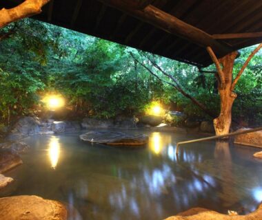 Covered rock onsen pool surrounded by trees at Yamashinobu in Kumamoto, Kyūshū