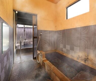 Interior wooden onsen bath with tiled walls at Yamashinobu in Kumamoto, Kyūshū