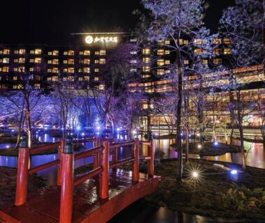 Nighttime illuminated garden and red wooden bridge outside Yamashiro Onsen Miyabi no Yado Kaga Hyakumangoku, Ishikawa, Chūbu