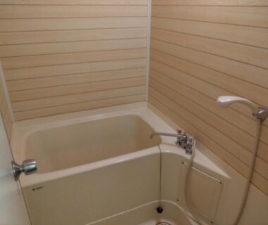 Compact Japanese soaking tub with handheld shower and wood-panel walls at Yamashiro Onsen Yuzankaku, Ishikawa