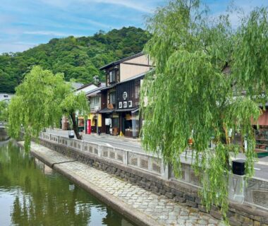 Willow trees along a stone riverbank with traditional storefronts near Yamatoya in Hyōgo, Kansai