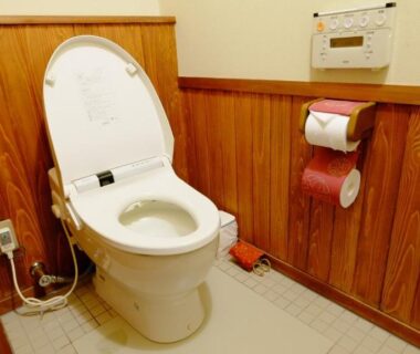 Western-style toilet with wooden wainscoting and control panel at Yamazatonoiori Soene, Gifu