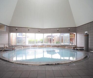 Circular tiled communal onsen bath with domed ceiling at Yanagiya Wakayama