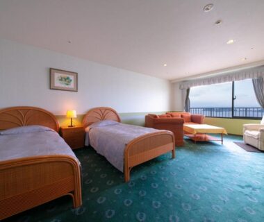 Carpeted twin room with seating area and large window offering distant landscape view at Yanagiya Wakayama