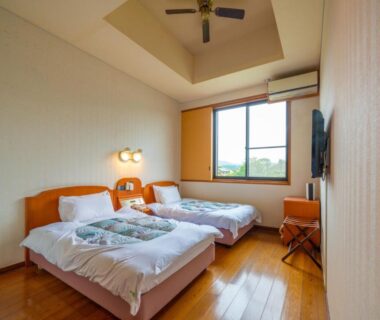 Twin room with wooden floor, ceiling fan and TV at Yawaragi-no-Sato Yadoya in Ōita