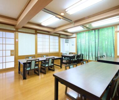 Ryokan dining room with wooden tables and chairs, shoji screens and green fabric divider in Hyōgo
