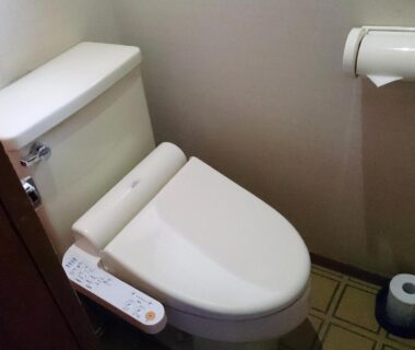 Compact washlet toilet with electronic bidet control and toilet paper in Yokikan guest bathroom, Shizuoka