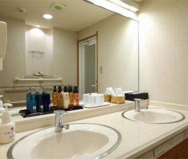 Dual sink wash area with toiletries and large mirror at Yorozuya ryokan, Nagano, Chūbu, Japan