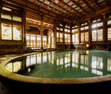 Wooden indoor onsen pool at Yorozuya ryokan in Nagano, Chūbu region