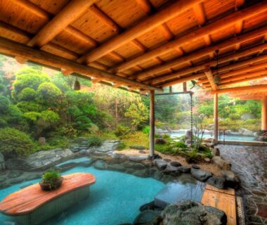 Wood-roofed outdoor onsen pool with rock edging and landscaped garden at Yoshiike Ryokan, Kanagawa