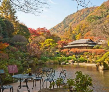 Metal table and chairs by pond with autumn foliage and traditional building at Yoshiike Ryokan in Kanagawa