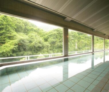 Tiled indoor onsen bath with large windows overlooking lush forest at Yoshikawaya, Fukushima