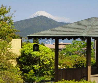 Wooden garden gazebo with Mount Fuji backdrop at Yoshimatsu, Kanagawa, Kantō, Japan