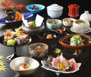 Assorted traditional Japanese small dishes arranged for a multi-course meal at Yoshimatsu, Kanagawa, Kantō, Japan