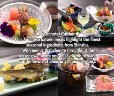 Assorted kaiseki dishes on lacquer trays with sashimi, small bowls and delicate seasonal garnishes