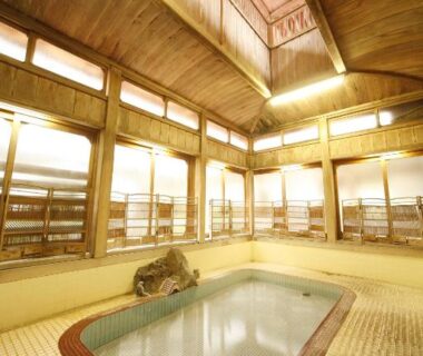 Small indoor tiled onsen bath with wooden ceiling at Yudanaka Seifuso in Nagano Chūbu