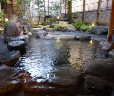 Rock-lined onsen pool with stone seating and surrounding garden at Yudanaka Tawaraya Nagano