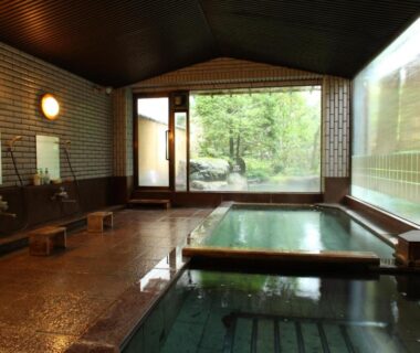 Indoor tiled onsen with washing stations and garden view at Yudanaka Yumoto, Nagano, Chūbu, Japan