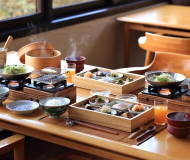 Multi-dish Japanese meal set in dining room at Yufudake Ichibo no Yado Kirara, Ōita