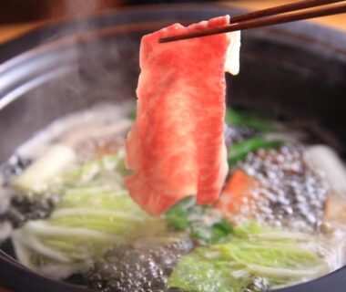 Thin sliced beef dipped into bubbling hot pot at Yufudake Ichibo no Yado Kirara, Ōita, Kyushu