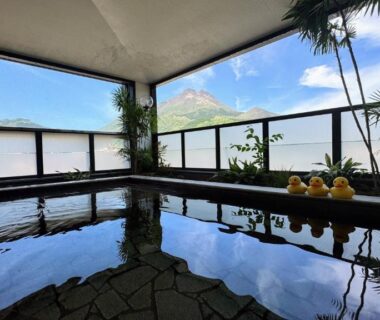 Covered onsen bath with stone floor, railing, plants and distant mountain view in Ōita, Kyūshū