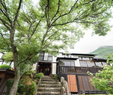 Stone steps leading to wooden ryokan facade surrounded by trees with mountain backdrop in Ōita