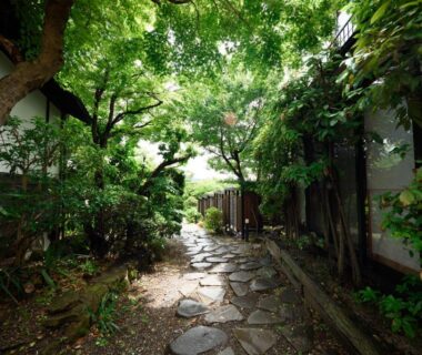 Stone path with stepping stones and greenery at Yufuin Onsen Tsukanoma in Oita, Kyushu, Japan