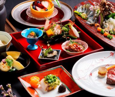 Colorful assortment of small Japanese dishes at Yufuin Rakuyu in Ōita, Kyūshū