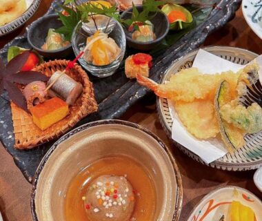 Assorted Japanese dishes with tempura and simmered item at Yufuin Ryokan Yamanami, Ōita