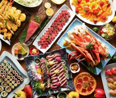 Assorted sushi, sashimi, crab and tempura platters at Yufuin Sansuikan in Oita