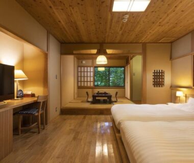 Western beds and tatami seating at Yufuin Yufusaryo, Ōita, Kyūshū, Japan