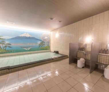 Indoor communal onsen with tiled bath, wash stations and Mount Fuji mural at Yugawara Chiyodasou, Kanagawa Japan