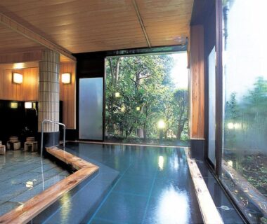 Wood-paneled indoor onsen bath with tiled floor and large windows overlooking a leafy garden at Yugawara Ohnoya Ryokan Kanagawa