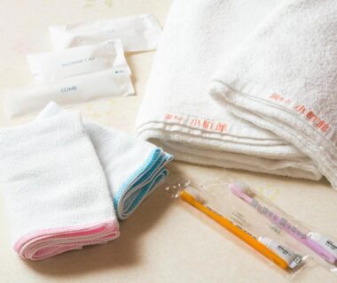 Folded towels, toothbrushes and small toiletries at Yugawara-Onsen Komachikan, Kanagawa, Japan