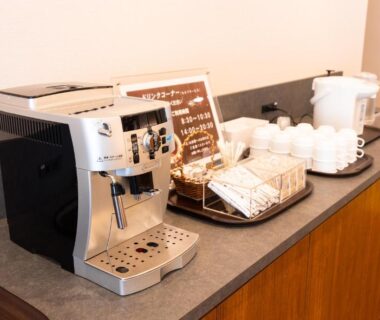 Espresso machine, cups and kettle on countertop at Yugawara Onsen Mizuno-kaori, Kanagawa