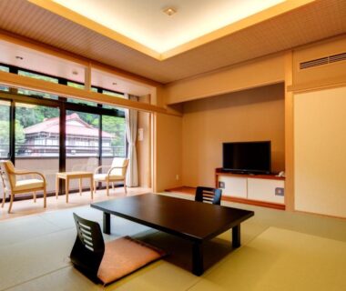 Tatami room with low table, cushions, TV and balcony overlooking greenery at Yugawara Onsen Mizuno-kaori Kanagawa