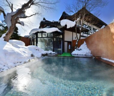Outdoor onsen pool with steam, snow-covered roof and wooden fence at Yukaen, Iwate, Tōhoku, Japan