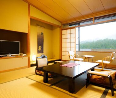 Tatami room with low table, shoji screens and large window overlooking trees at Yumenoi, Hyōgo