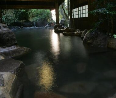 Covered rock-lined onsen bath with wooden roof and garden surroundings at Yumerindo, Kumamoto, Kyushu