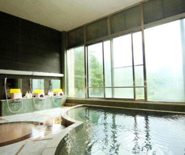 Indoor onsen bath with washing stations and large windows overlooking greenery at Yumoto Choseikan, Gunma