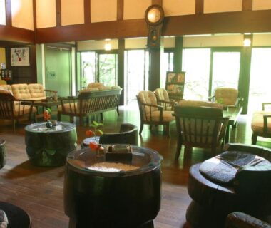 Cozy lounge with low wooden tables, cushioned chairs and large windows overlooking greenery at Yumoto Choza, Gifu