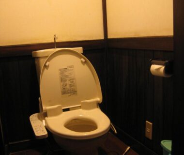 Western toilet with electronic bidet and wood-paneled walls at Yumoto Choza Gifu