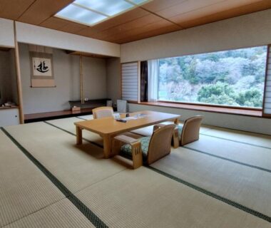 Spacious tatami room with low table and garden view at Yumoto Fujiya Hotel, Kanagawa, Kantō, Japan