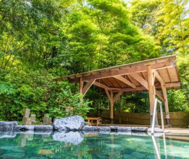 Outdoor onsen pool with wooden pavilion, stone edging and forest backdrop at Yumoto Fujiya Hotel, Kanagawa