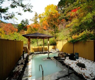 Stone onsen bath with wooden pergola and autumn foliage at Yumoto Itaya in Tochigi, Kantō